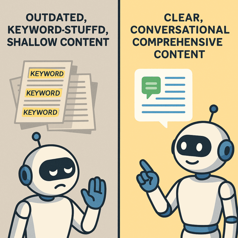 illustration comparing outdated keyword-stuffed content with clear conversational comprehensive content for better search rankings.